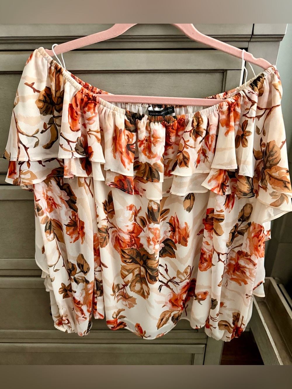 WHBM Off-Shoulder Floral Ruffle Blouse - Cream with Orange Floral Medium